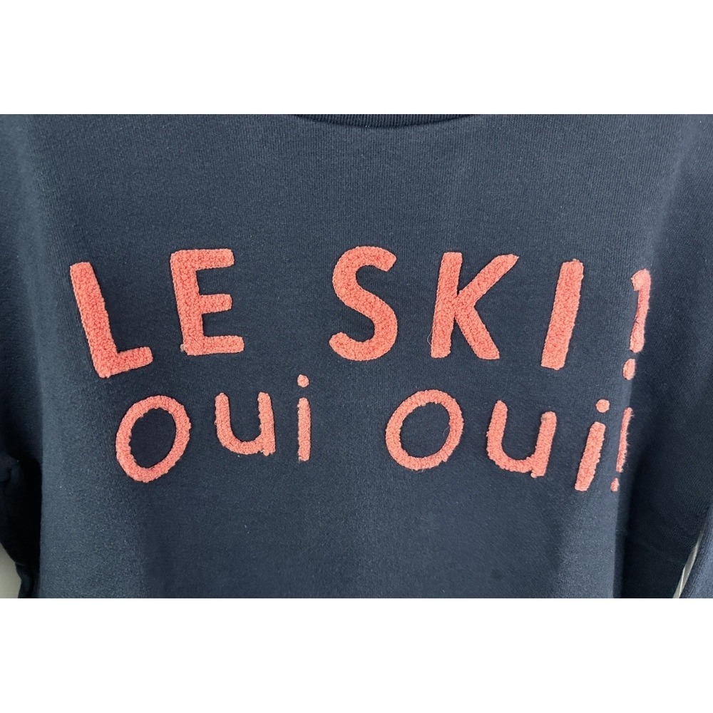 J Crew Apres Sweater Medium Navy Le Ski Oui Oui Graphic Ski Chalet Cottagecore - Picture 6 of 12